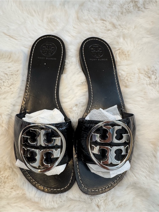 Tory Burch Shoes - Tory Burch Black Patent Miller Slide Sandals with Silver Logo